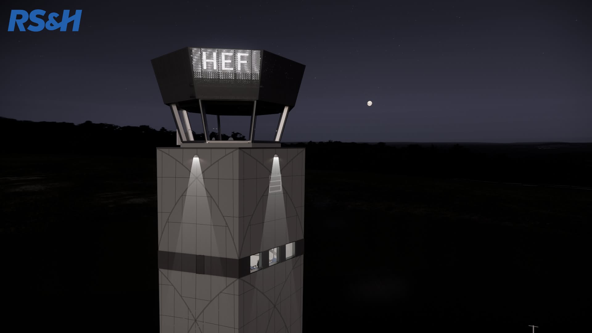 Rendering of Air Traffic Control Tower HEF LED logo lit up at night