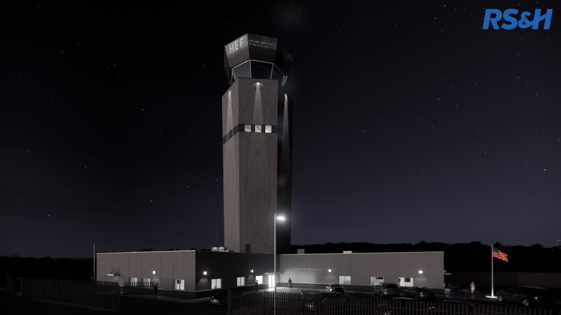 Air Traffic Control Tower rendering shown at night